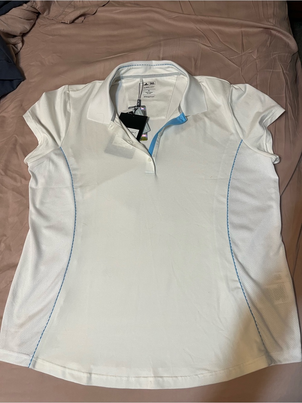adidas White Polo Top with Light Blue Trim
